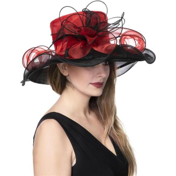 Women's Organza Church Kentucky Derby Hat Red Black - Picture 3 of 5